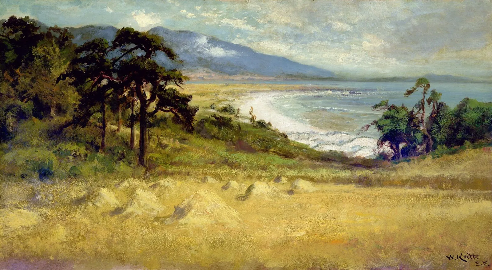 Then, 1880s: "Carmel by the Sea" by William Keith — a Scottish-American landscape painter's vision of the unspoiled coastal village.