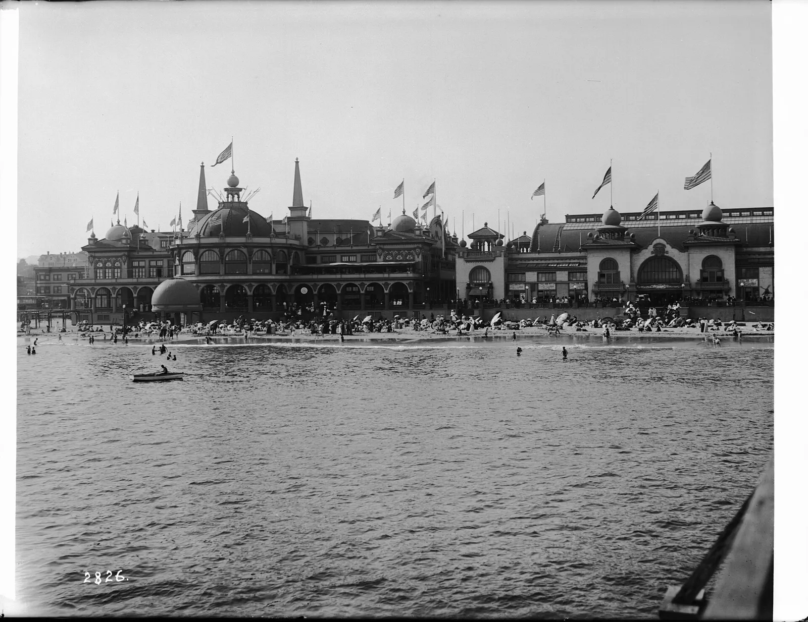 Then, c. 1907–1911: The original Casino and Plunge (saltwater natatorium) on the Santa Cruz Beach Boardwalk, seen from the pleasure pier.